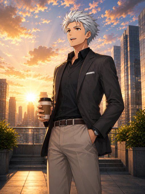 The image features a man dressed in a suit holding a coffee cup while standing outside at sunset. The setting sun casts a warm glow over the scene, creating an atmosphere of relaxation and leisure. The man's attire suggests that he might be on his way home from work or enjoying some downtime after a long day.
