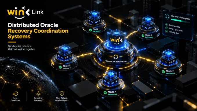A digital promotional graphic for 'WinkLink' displaying 'Distributed Oracle Recovery Coordination Systems' with text 'Synchronize recovery. Get back online, together.' and showing multiple nodes labeled 'Recovered' connected to a central hub.