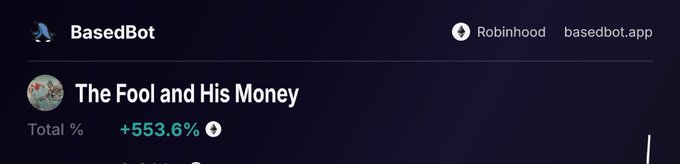 The image shows a Robinhood-based trading portfolio called "BasedBot" (basedbot.app) with a portfolio titled "The Fool and His Money" displaying a remarkable total return of +553.6%. The post expresses disappointment that this high-performing portfolio, along with others (Cashcat, Juggernaut, and Nuthouse), aren't yet available on Robinhood.