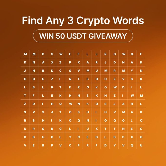 The image shows a grid full of white letters that spell out "crypto" along with other words related to Cryptocurrency, such as " Bitcoins", "Udit", or "Cipher". The text says that participants should search for any three of these words within the grid in order to win a prize. The post also includes instructions on how to enter the competition and suggests an interesting challenge involving puzzles and games like word chains.