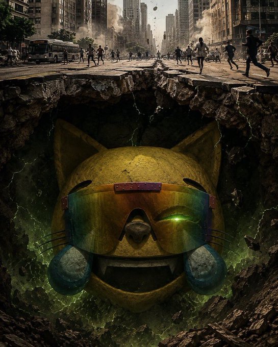 A giant, cracked yellow cat emoji wearing rainbow sunglasses looms beneath the crumbling streets of a chaotic city as panicked people flee above, visually symbolizing the massive, looming hype surrounding the $MOG memecoin.
