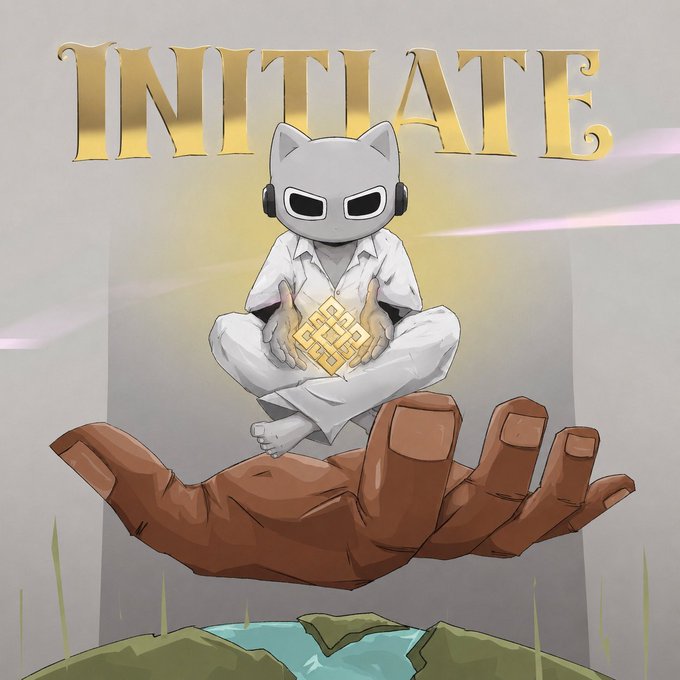 An illustration titled 'INITIATE' shows a white cat-like character with sunglasses and headphones sitting cross-legged in meditation, holding a golden geometric cube, floating above a large brown hand.