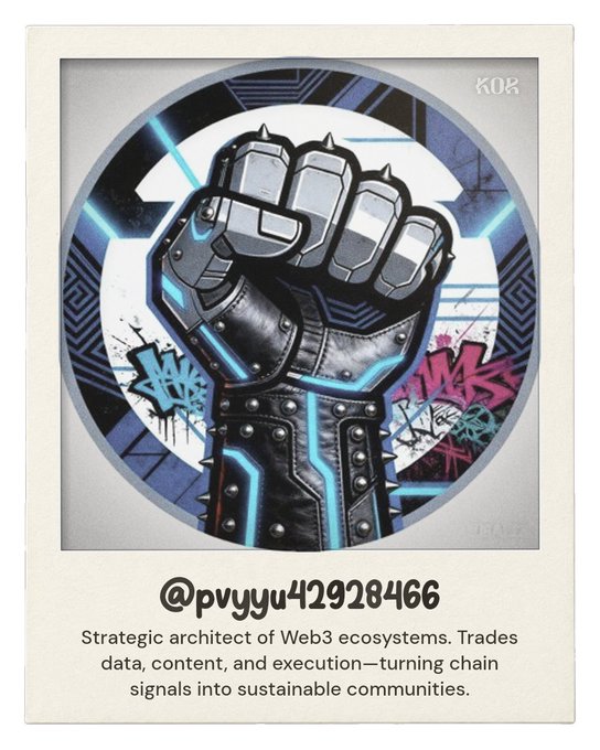 A digital trading card features a robotic fist design labeled 'KOR' with the username '@pvyu42928466' and bio describing a 'Strategic architect of Web3 ecosystems.'