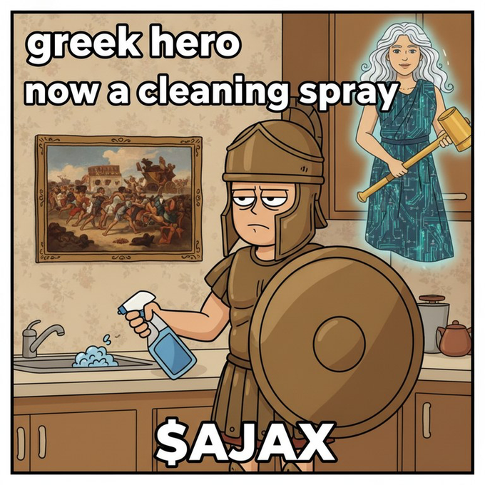 A cartoon meme showing a Greek warrior holding a spray bottle and shield in a kitchen, with text reading 'greek hero now a cleaning spray' and the ticker '$AJAX' at the bottom.