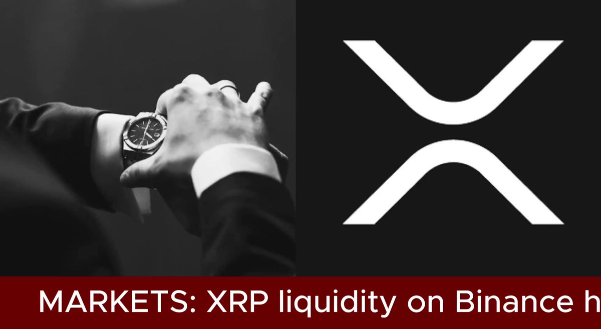 The image features a black and white photo of a person wearing a suit, with their hand on a wristwatch. The background of the image has a large "X" symbol, which appears to be related to cryptocurrency or market trading. Below this, there is text that reads "MARKETS: XRP Liquidity on Binance h". This suggests that the person in the photo might be discussing or analyzing the current state of the cryptocurrency market and its impact on Ripple's value.