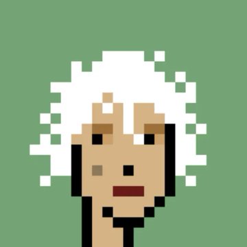 A low-resolution pixel art portrait of an elderly woman with white hair against a solid green background.