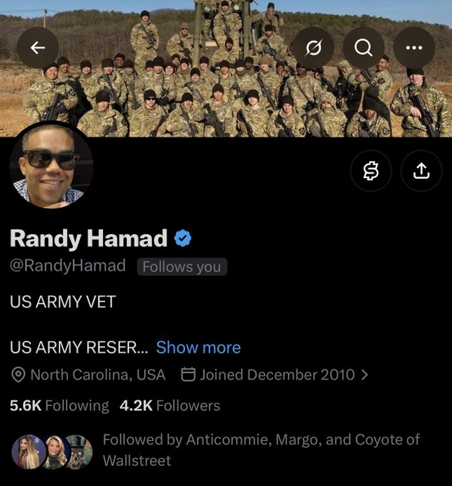 A screenshot of a Twitter/X profile belonging to "Randy Hamad" (@RandyHamad), identified as a US Army Vet and US Army Reservist based in North Carolina, with a header photo showing a group of soldiers in camouflage and a profile photo of a man wearing sunglasses.