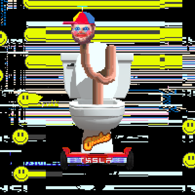 A surreal digital collage showing a figure with a red and blue cap sitting on a toilet that is mounted on a red Tesla car, set against a background of glitchy yellow smiley faces and horizontal lines.