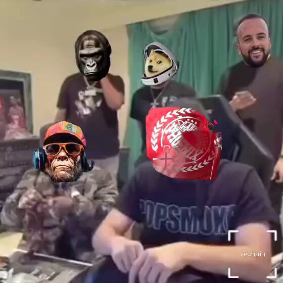 urn of gold, a man with a red hat and a gorilla mask, and a man wearing a black t-shirt are present in the room.