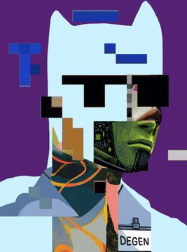 A pixelated, glitch-style digital portrait of a person wearing sunglasses and a jacket with a 'DEGEN' name tag, set against a purple background with a blue 'F' logo.
