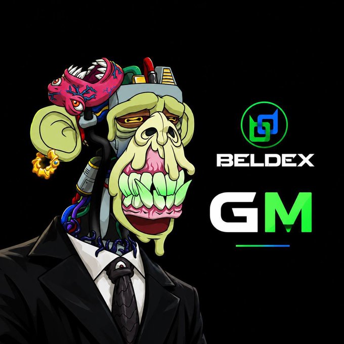 Digital illustration featuring a grotesque Bored Ape-style character wearing a suit with a Venus flytrap on its head, alongside the 'BELDEX' logo and 'GM' (good morning) text on a black background.