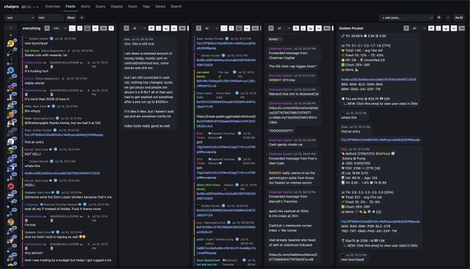 A screenshot of the Axiom trading interface showing multiple message feed columns on the changelly platform, including an "Everyone" chat with messages about SAMO/SOL price movements and "Goddess Pocket" discussions, alongside filtered feeds displaying contract addresses (CAs) like SamoyedCoin (SAMO) and CatGirl (CATGIRL), demonstrating the platform's ability to consolidate and sort trading-related messages across channels by token.