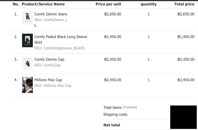 A product order summary listing four clothing items: Comfy Denim Jeans (₿2,650.00), Comfy Faded Black Long Sleeve Shirt (₿1,450.00), Comfy Denim Cap (₿2,450.00), and Millions Max Cap (₿2,450.00).