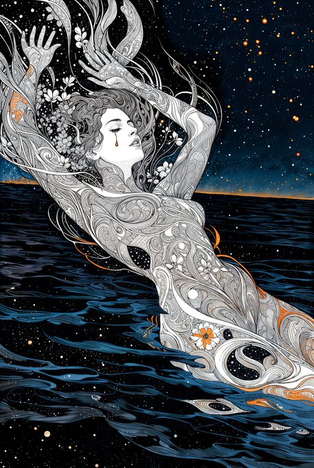 A black and white illustration of an ethereal female figure with elaborate hair emerges from dark ocean waters, adorned with flowers and set against a starry night sky.