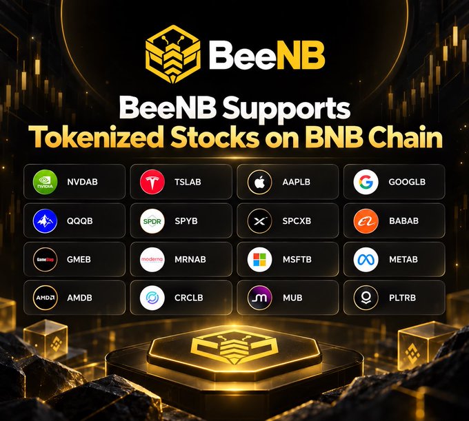 A promotional banner for 'BeeNB Supports Tokenized Stocks on BNB Chain' showing tickers like NVDAB, TSLAB, AAPLB, GOOGLB, QQQB, SPYB, SPCXB, BABAB, GMEB, MRNAB, MSFTB, METAB, AMDB, CRCLB, MUB, and PLTRB.