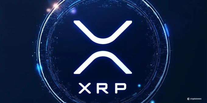 A glowing blue XRP cryptocurrency logo centered in a futuristic circular design against a dark background, with 'cryptonews' in the corner.