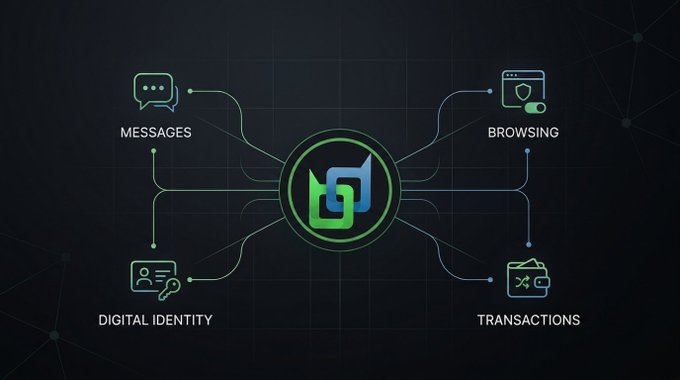 A digital graphic displaying a central green and blue logo connected by lines to four icons labeled 'MESSAGES', 'BROWSING', 'DIGITAL IDENTITY', and 'TRANSACTIONS' against a dark, networked background.