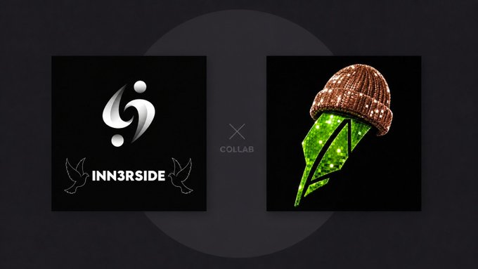 A collaboration announcement between two NFT collections, displaying the 'INN3RSIDE' logo on the left and a disco ball beanie character on the right, separated by an 'X' and 'COLLAB' text.