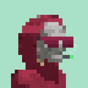 A pixel art portrait of a red-armored figure with a helmet featuring a skull-like faceplate and a small green detail on a light green background.