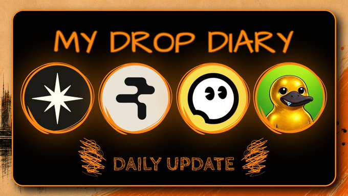 A dark graphic titled 'MY DROP DIARY' with 'DAILY UPDATE' below, featuring four circular icons: a star burst, a symbol resembling a stylized 'F' or directional arrow, a speech bubble face, and a gold duck wearing a black beak mask.