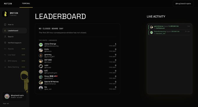 A screenshot of a leaderboard interface for '$MOTION TERMINAL' showing user rankings, tips beat counts, and a live activity feed.