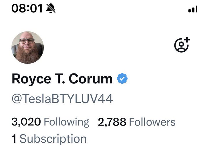 An X (Twitter) profile page for Royce T. Corum (@TeslaBTYLUV44), showing 3,020 Following, 2,788 Followers, and 1 Subscription.