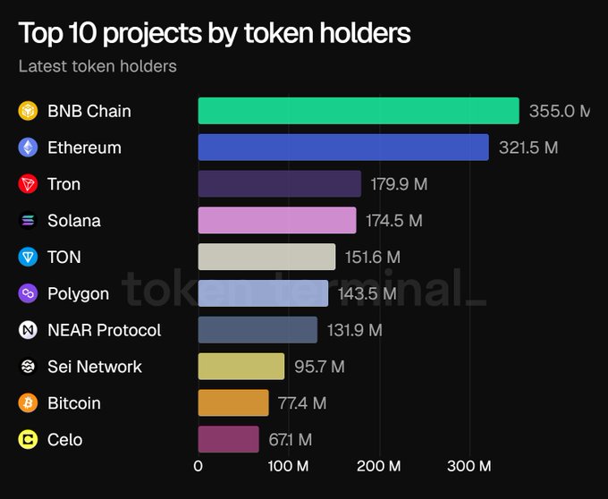 A bar chart titled 'Top 10 projects by token holders' ranking blockchain networks, led by BNB Chain (355.0 M) and Ethereum (321.5 M), followed by Tron, Solana, TON, Polygon, NEAR Protocol, Sei Network, Bitcoin, and Celo.