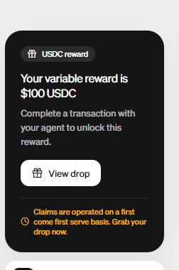 A mobile notification from MoonPay displays a USDC Reward offer of $100 USDC as a variable reward for completing a transaction with their agent, with a "View drop" button and a message noting that claims operate on a first come first serve basis. The image illustrates the generous airdrop promotion mentioned in the post, showcasing how MoonPay is actively distributing rewards like $100 USDC to attract users.
