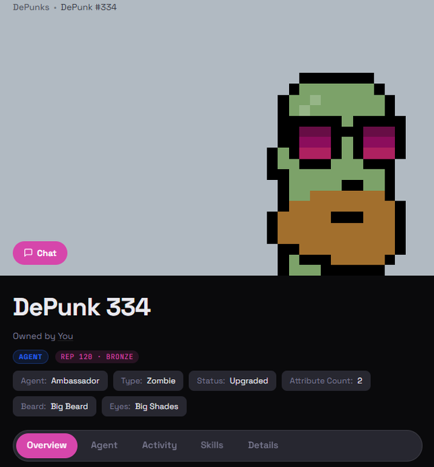 A profile page for 'DePunk 334', an upgraded Zombie agent owned by the user, featuring pixel art of a green zombie with a brown beard and Big Shades.