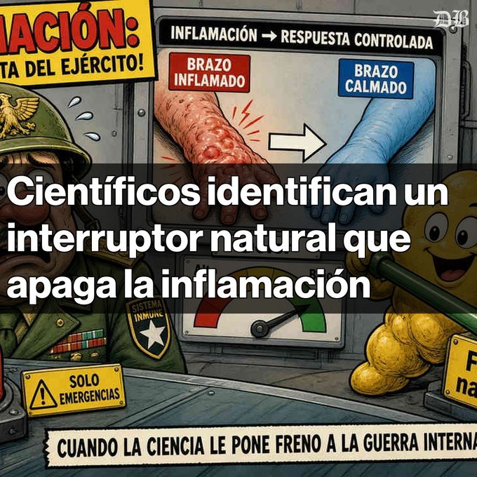 A Spanish-language graphic titled 'Científicos identifican un interruptor natural que apaga la inflamación' shows diagrams comparing an inflamed arm to a calm arm.
