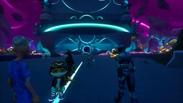 A scene from a video game showing an avatar holding a green lightsaber in a colorful, neon-lit futuristic environment alongside other player characters.