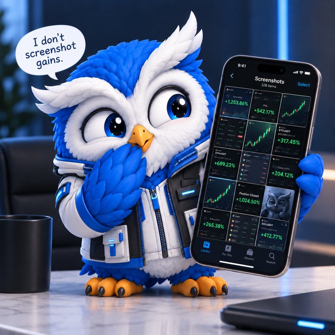 A 3D-rendered blue and white cartoon owl wearing a jacket looks thoughtfully at a smartphone displaying a stock portfolio with green gain percentages, with a speech bubble reading 'I don't screenshot gains.'