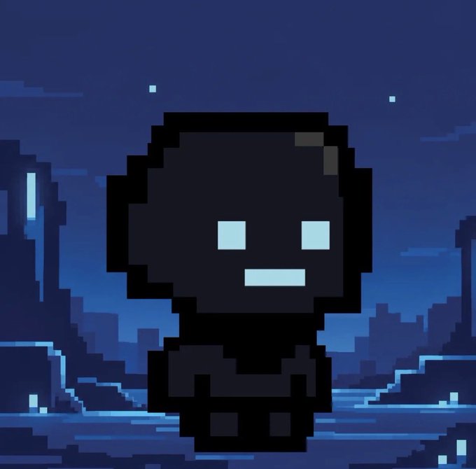 A pixel art character with a dark silhouette and glowing cyan eyes stands against a dark blue night sky with stars and clouds.