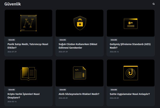 A dark-themed website called 'Güvenlik' displaying six security-related articles in Turkish, including topics on crypto wallets, cold wallet usage, AES encryption, and open source applications.