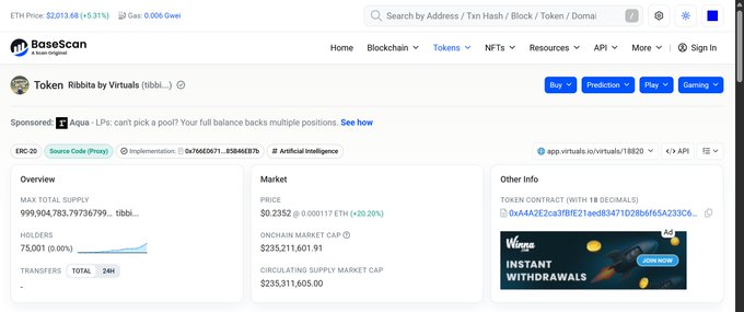 A screenshot of BaseScan showing the $TIBBIR token contract with 75,001 holders, a price of $0.2352, and a market cap of $253,211,605, supporting the post's claim about growing holder numbers.