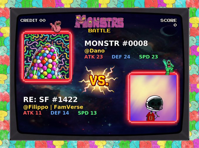 The image shows a poster for an arcade game called "MONSTRS Battles" with two characters from different teams facing each other. The poster also displays the names of the players, their team's leaderboards, and some additional information about the game.