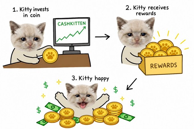 A three-panel meme shows a cat investing in 'CASHKITTEN' on a computer, receiving a box of 'REWARDS', and happily celebrating in a pile of coins and cash.