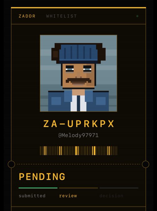 A digital whitelist card from 'ZADDR' with a pixel art avatar of a character wearing a blue beanie, the username 'ZA-UPRKPX', handle '@Melody97971', and a 'PENDING' status.
