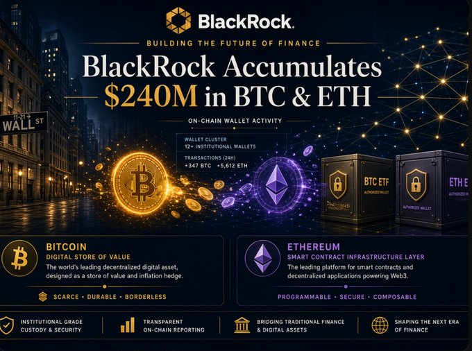 A promotional graphic for BlackRock titled 'Building the Future of Finance,' announcing that BlackRock 'Accumulates $240M in BTC & ETH,' highlighting on-chain wallet activity and features of Bitcoin and Ethereum.