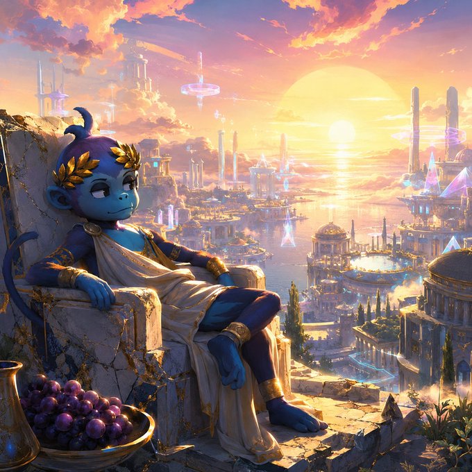 A blue-skinned, golden-haired character wearing a white toga sits on a throne overlooking a fantasy coastal city at sunset, with a bowl of grapes beside them.