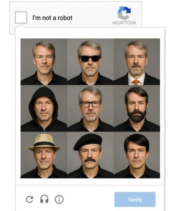 The image shows a group of nine men with different hairstyles, wearing black clothing, and some are wearing hats or sunglasses. They appear to be posing for a photo session, possibly for an advertisement or promotional material related to Bitcoin sellers. The caption reads "I'm not a robot", which suggests that the image is meant to convey a message about individuality and uniqueness rather than following a strict set of rules or guidelines.