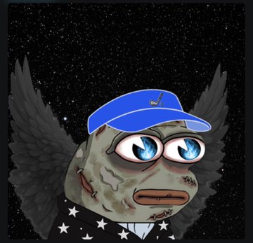 The image features a cartoon frog with wings, wearing a blue hat and a black shirt. The frog appears to be sad or lonely, looking down at its feet. The background of the image shows stars against a dark sky, creating an otherworldly atmosphere. The caption below the image reads "NFT of the Day Rarity matters. Let's get that out of the way first. Traits, rankings, scarcity they all play a role in what makes an NFT desirable. But personally? I’ve never made a buying decision based on rarity alone. What matters most to me is whether I genuinely like".