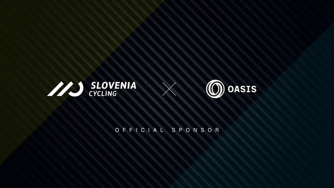 A promotional graphic with a dark striped background displays the logos 'Slovenia Cycling' and 'Oasis' separated by an X, with the text 'OFFICIAL SPONSOR' below.