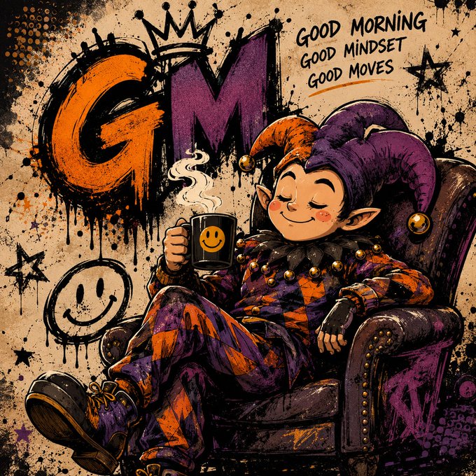 A graffiti-style illustration of a jester in purple and orange sitting in an armchair holding a mug with a smiley face, accompanied by the text 'GM', a crown, and the phrases 'GOOD MORNING', 'GOOD MINDSET', and 'GOOD MOVES'.