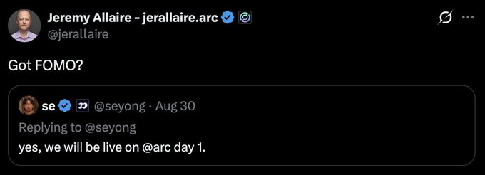Jeremy Allaire (@jerallaire) tweets "Got FOMO?" while quote-replying to a tweet from @seyong confirming they will be live on @arc on day 1, hinting at excitement around the Arc mainnet launch that the poster connects to a potential memecoin launch.