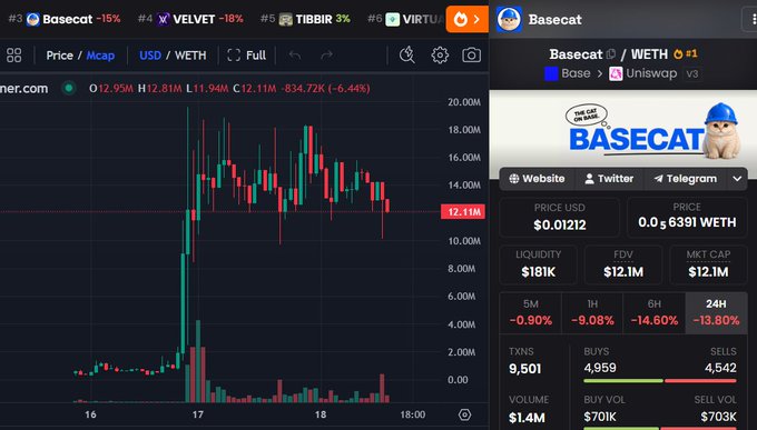 DexScreener chart of Basecat token (Basecat / WETH) priced at $0.01212 (-6.44%), with $12.1M market cap, alongside a "ONE CAT TO RULE THEM ALL - BASECAT" meme banner.
