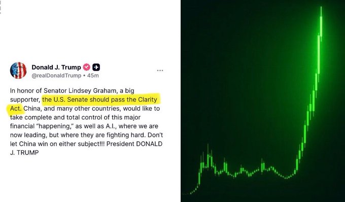 The image shows a Truth Social post from Donald J. Trump (@realDonaldTrump) calling on the U.S. Senate to pass the "Clarity Act" to regulate crypto and AI, alongside a green candlestick chart showing a sharp upward price spike. The post ties directly to the caption's message that a Crypto Market Structure Bill is imminent, with the bullish chart visually reinforcing the claim that trillions could soon flow into the crypto market.