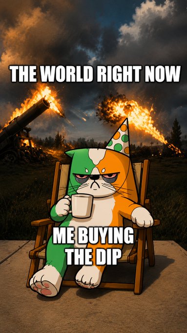 A grumpy cartoon cat wearing a party hat calmly sips coffee in a lawn chair amid a chaotic scene of explosions and fire, captioned "THE WORLD RIGHT NOW" and "ME BUYING THE DIP," humorously illustrating the poster's message of staying unbothered while stacking $FUNLESS during market turmoil.
