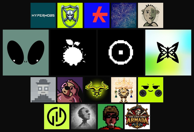 A collage of various NFT collection logos and pixel art graphics, including "HYPERMOBS" (a green shield), "THE LOST BONES ARMADA" (featuring a skull logo), a starfish, and other stylized character and abstract designs, corresponds to the featured NFT mints listed in the September 14 schedule.