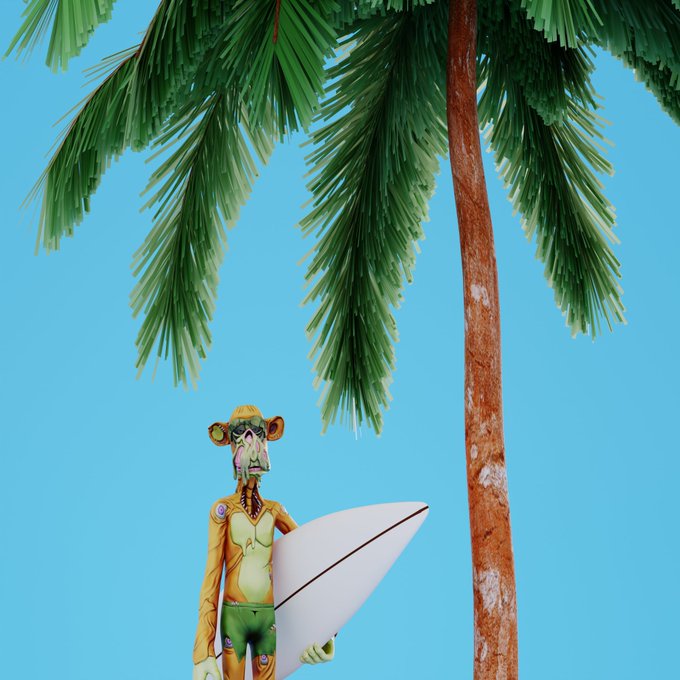 A whimsical sculpture of a monkey surfer wearing sunglasses and green trunks holding a white surfboard stands beneath a palm tree against a clear blue sky.